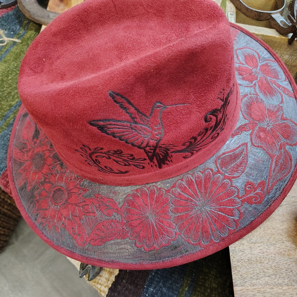 Elegant Red Hat with Floral and Bird Embroidery